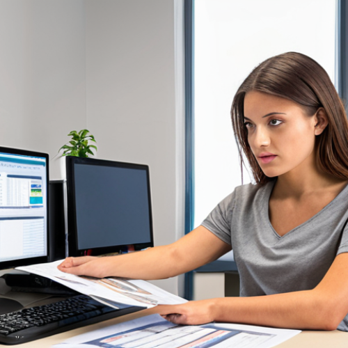 Home 7 **Entry-Level Trade Specialist**: Create an image of a young trade specialist working at a desk filled with trade documents, customer consultation materials, and a computer displaying logistics management software. The setting should reflect a modern office environment, symbolizing entry-level tasks such as paperwork and basic trade operations.