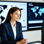 A highly professional female trade expert in a modest, dark business suit, actively engaged in a strategic negotiation at a sleek, modern conference table. She is looking at her counterpart with a focused, confident expression. The room features subtle global maps on display and a large digital screen showing charts, indicating a high-stakes discussion. The setting is clean, well-lit, and evokes a sense of international business diplomacy. Perfect anatomy, natural pose, well-formed hands, correct proportions. Fully clothed, appropriate attire, modest clothing, professional dress, safe for work, appropriate content, family-friendly.
