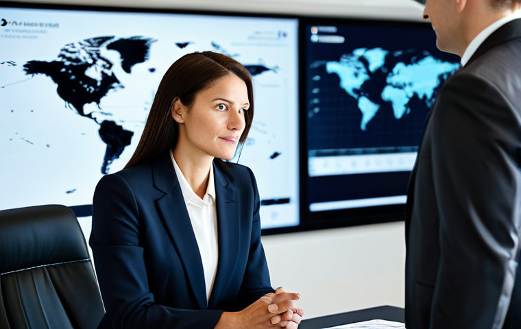 A highly professional female trade expert in a modest, dark business suit, actively engaged in a strategic negotiation at a sleek, modern conference table. She is looking at her counterpart with a focused, confident expression. The room features subtle global maps on display and a large digital screen showing charts, indicating a high-stakes discussion. The setting is clean, well-lit, and evokes a sense of international business diplomacy. Perfect anatomy, natural pose, well-formed hands, correct proportions. Fully clothed, appropriate attire, modest clothing, professional dress, safe for work, appropriate content, family-friendly.