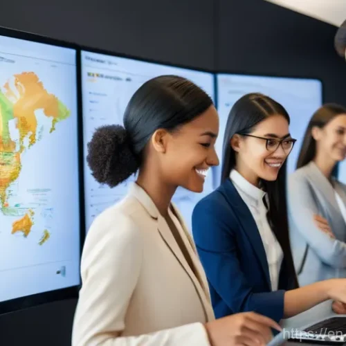 무역전문가경력개발 - A diverse group of five young professionals, three women and two men, collaborating intently around ...