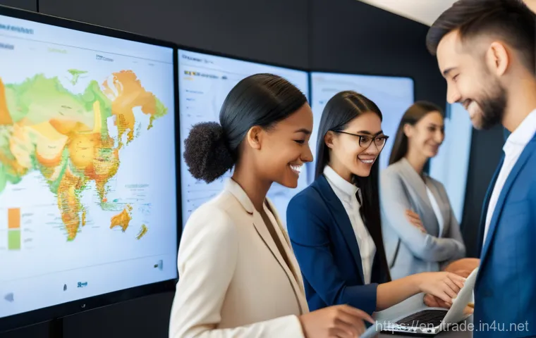 무역전문가경력개발 - A diverse group of five young professionals, three women and two men, collaborating intently around ...