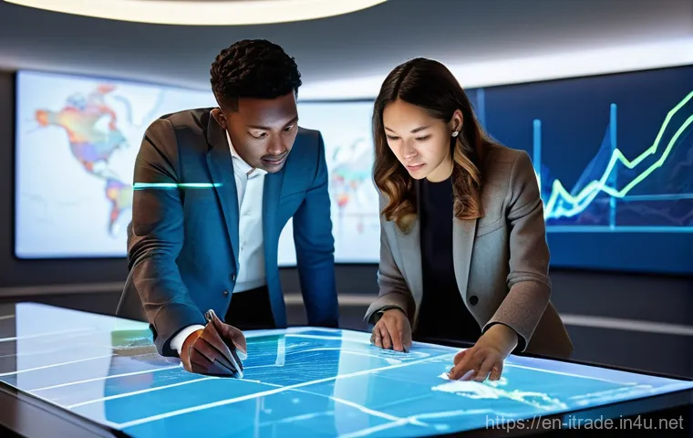 국제무역분야경력개발 - **Prompt: Data Analytics for Global Trade Insights**
    A vibrant and dynamic scene inside a modern...