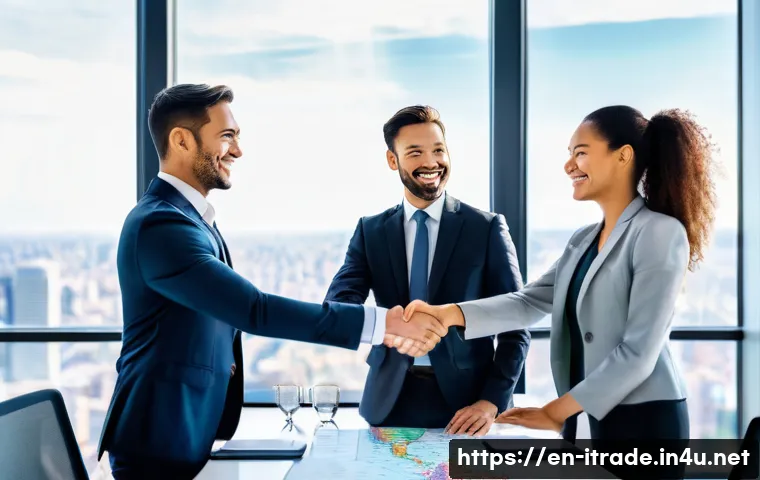 국제무역전문가경로 - **Prompt:** A group of 4-5 diverse international business professionals, both male and female, in a ...