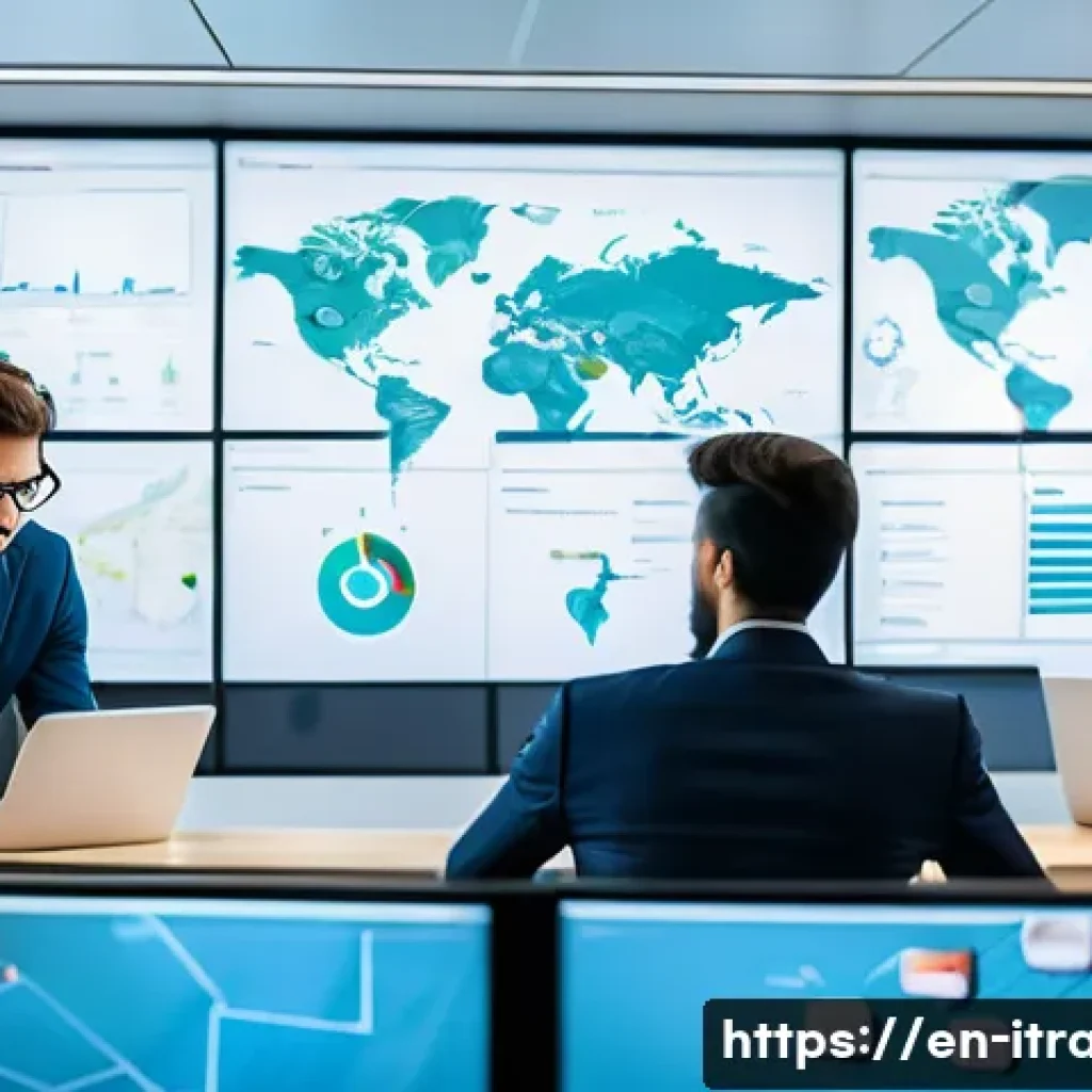 무역업무수행능력 - A modern international trade office setting showing a diverse team of professionals collaborating ov...