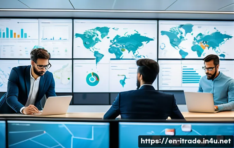 무역업무수행능력 - A modern international trade office setting showing a diverse team of professionals collaborating ov...