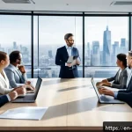 Home 21 무역관리프로세스 - A modern international business meeting scene in a bright, spacious conference room with diverse pro...