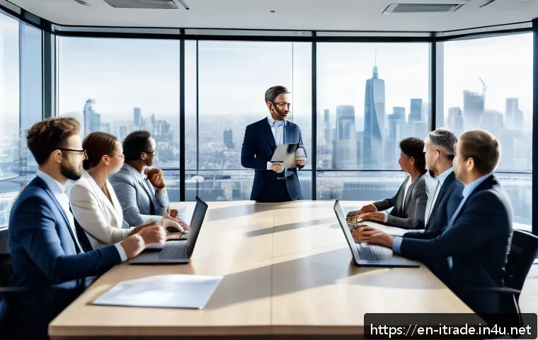 무역관리프로세스 - A modern international business meeting scene in a bright, spacious conference room with diverse pro...