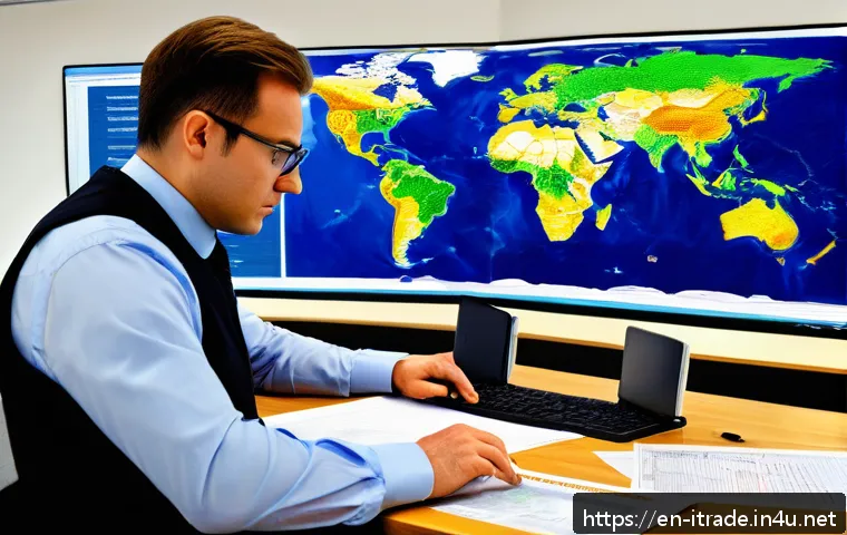 무역업무연습 - A detailed, professional office scene showing an international trade specialist meticulously reviewi...