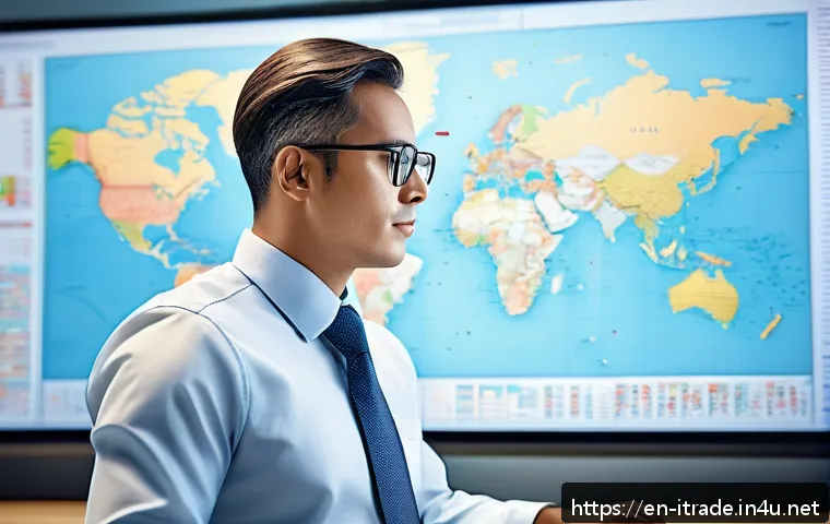 국제무역직무설명서 - A professional Trade Compliance Specialist in a modern office environment, meticulously reviewing in...