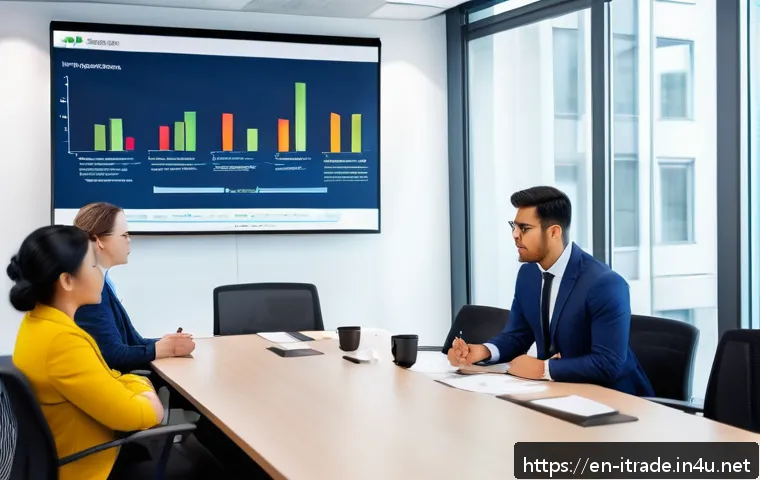 무역분야실무교육 - A professional international trade compliance training session in a modern corporate office, diverse...