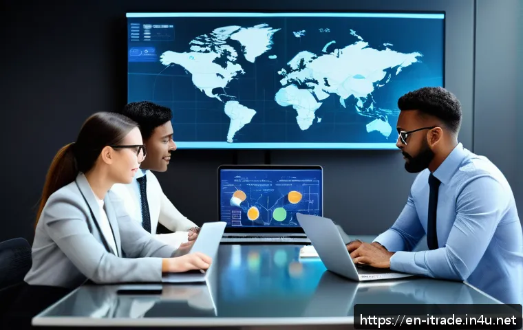 무역업계연봉 - A modern office scene showing a diverse group of trade professionals collaborating around a table wi...