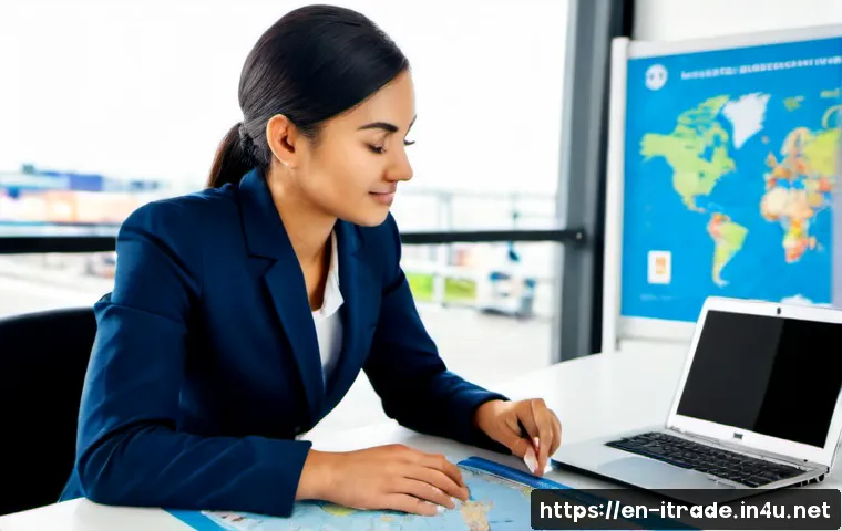 국제무역취업전략 - Photorealistic international trade career planning scene, confident young professional reviewing a w...