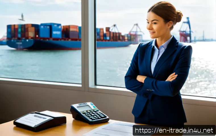 Home 17 무역실무경험 - Photorealistic international trade specialist in a modern U.S. logistics office, confidently compari...