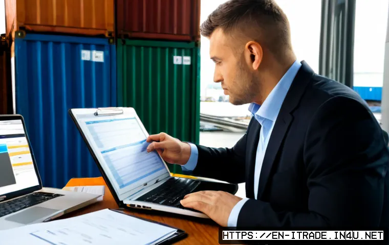 무역업무효율화기법 - Photorealistic international trade operations office, a focused logistics manager reviewing a clean ...