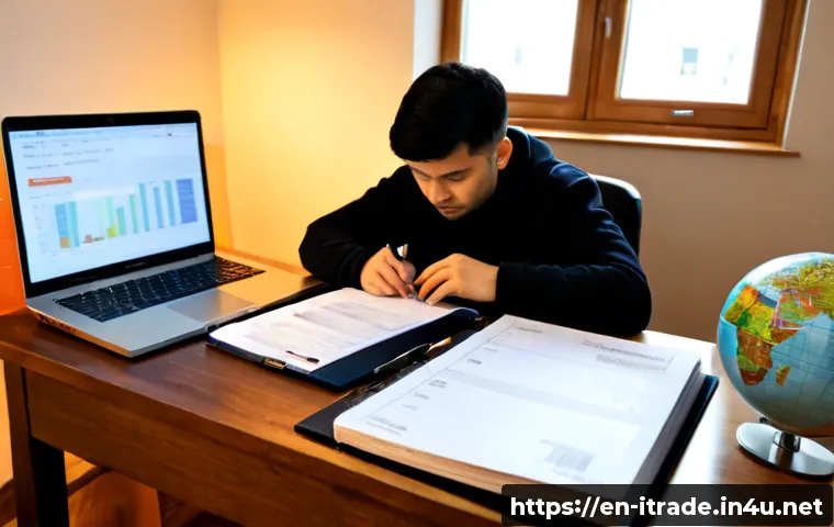 국제무역자격증준비 - Photorealistic home study scene for international trade certification preparation, focused adult lea...